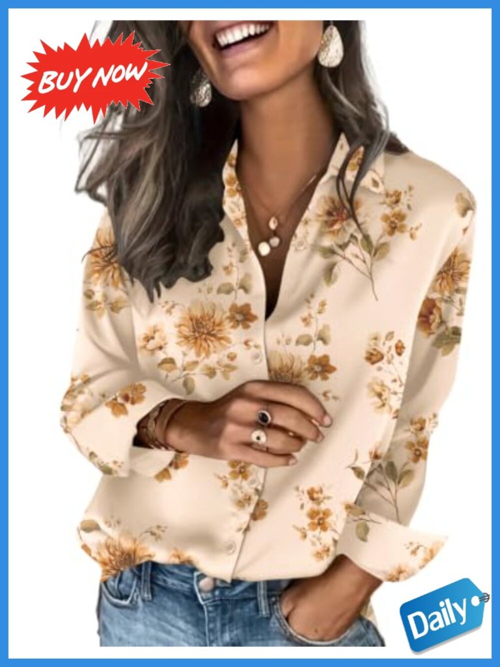 Satin Button Down Blouse Long Sleeve V-Neck Floral Office Top